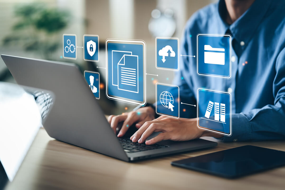 Businessman using a computer to document management concept hosting and servers