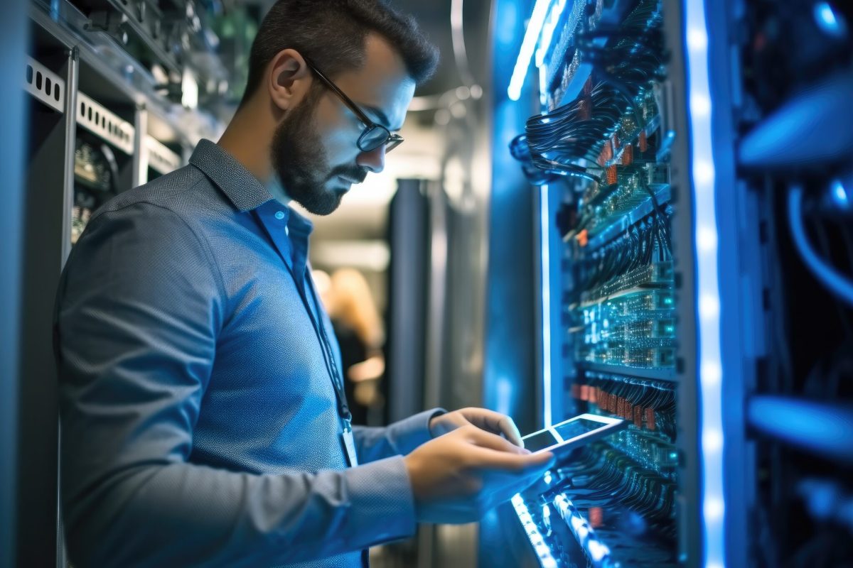 Data center engineer, young man holding digital tablet standing by supercomputer server cabinets in data center, data protection network for cyber security.