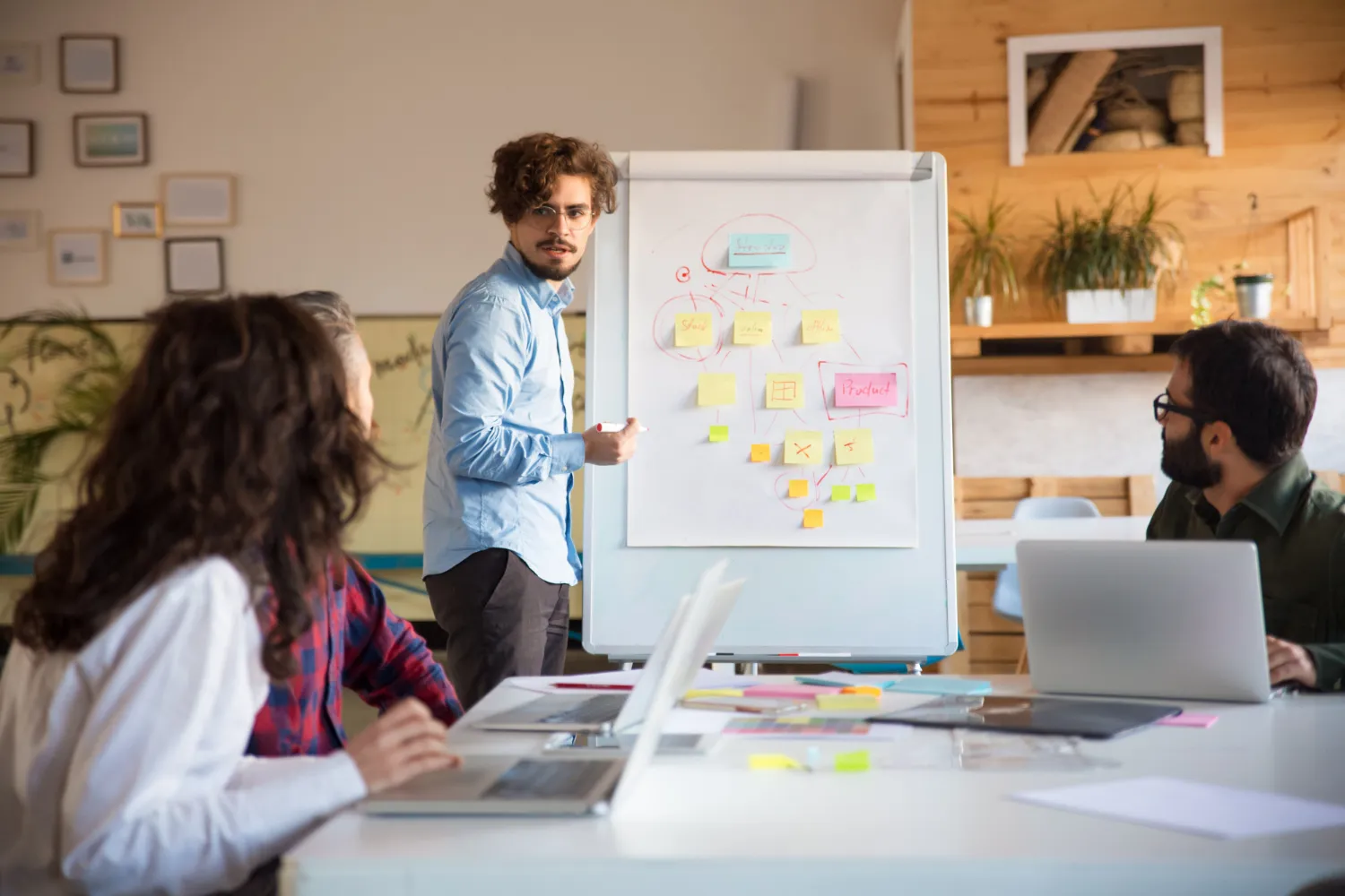 Startup leader drawing flowchart on board and discussing project